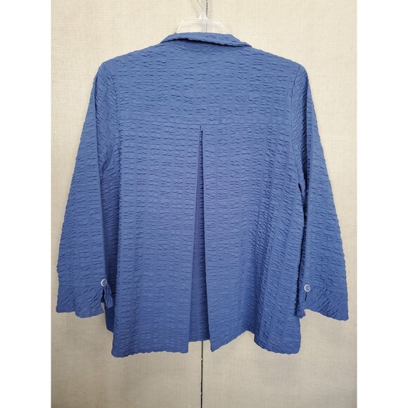 Habitat Retro Twilight Blue Pucker Wire Collar Button-Up Top Size XL Lagenlook - Picture 5 of 7